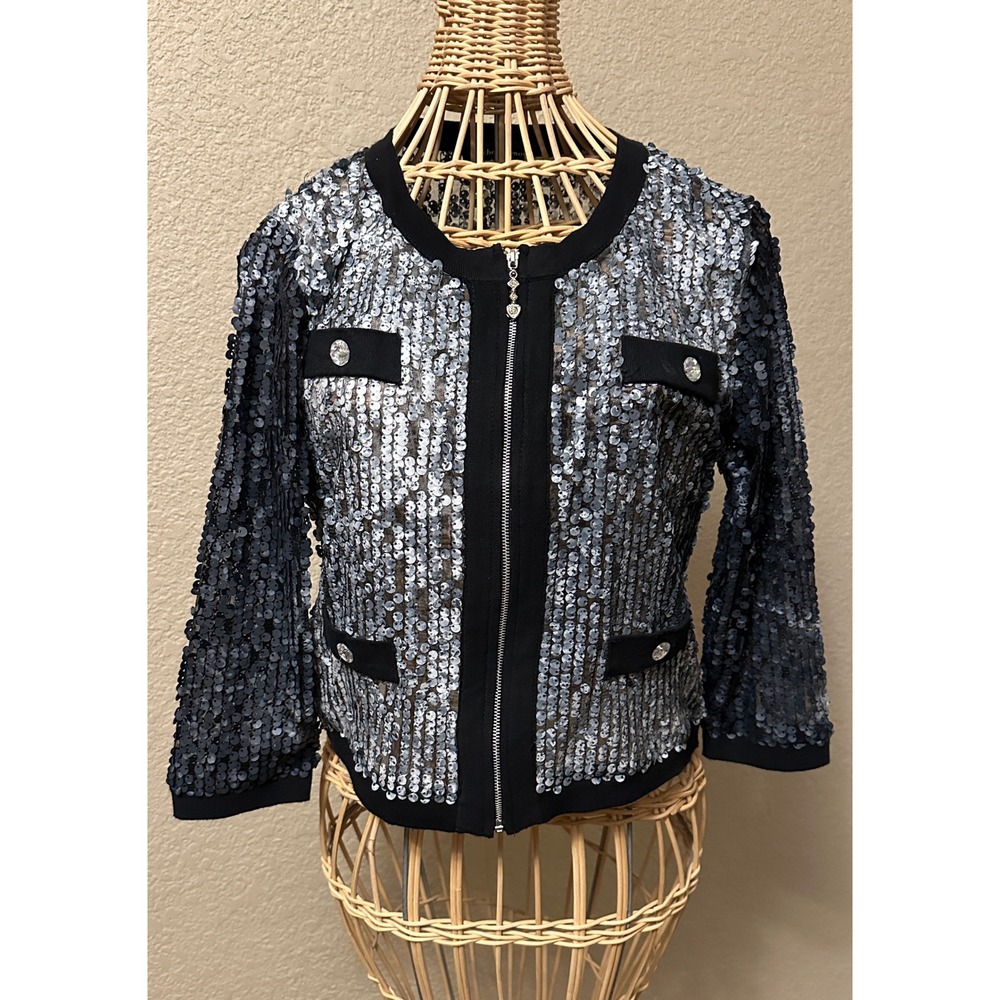 Michael Simon PS Sequin Zip Front Cardigan Jacket‎ Silver Black Event Party